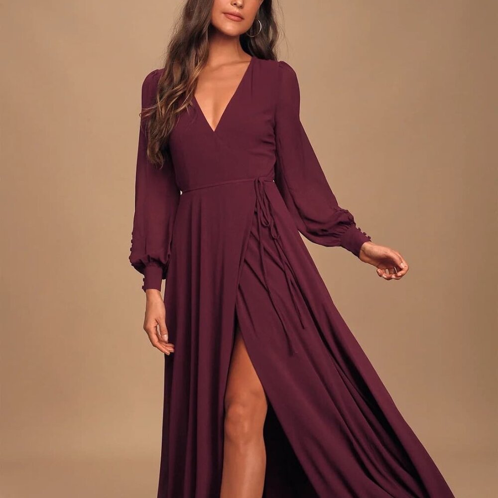 NWT Lulu's My Whole Heart Plum Long Sleeve Wrap Maxi Dress Size Medium